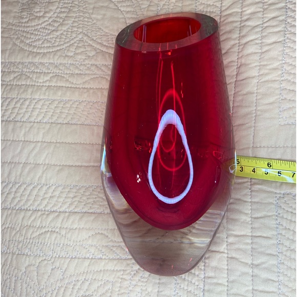 Red Cut Glass Vase 8.5”x5” Angled Top Unsigned Encased Glass - Picture 8 of 8
